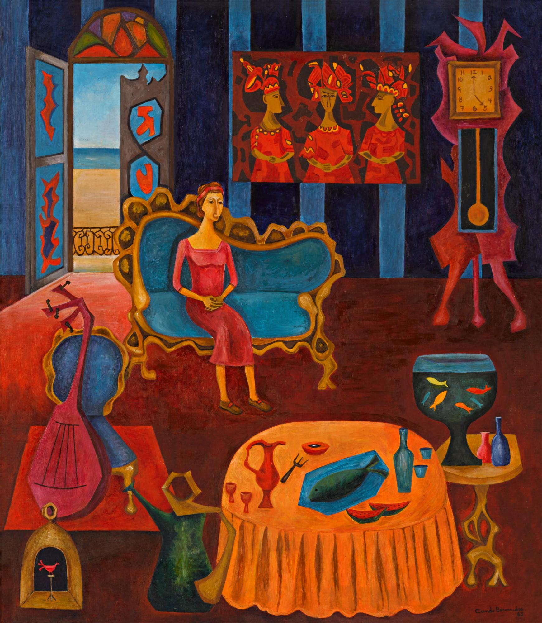 Cundo Bermúdez - Retrato De Margarita En Interior De Sala Con Reloj Y Mesa