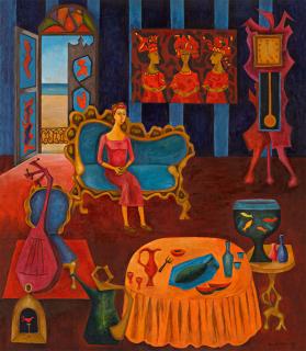 Cundo Bermúdez - Retrato De Margarita En Interior De Sala Con Reloj Y Mesa