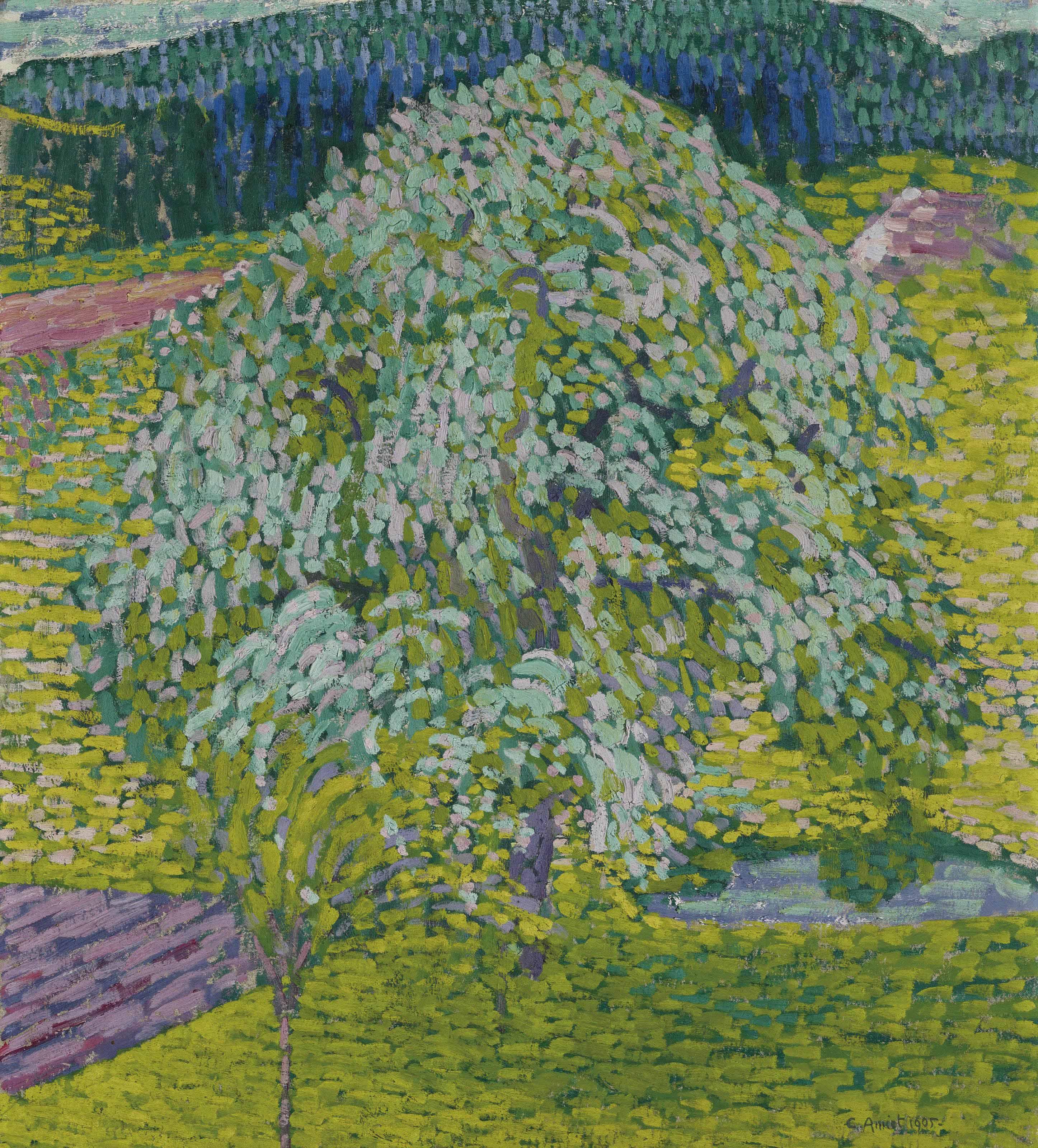 Cuno Amiet - Blühender Obstbaum in Frühlingslandschaft, 1905