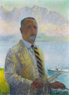 Cuno Amiet - Selbstbildnis (Selbstporträt vor Bergkette)