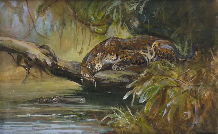 Cuthbert Edmund Swan - Jaguar observing a Caiman