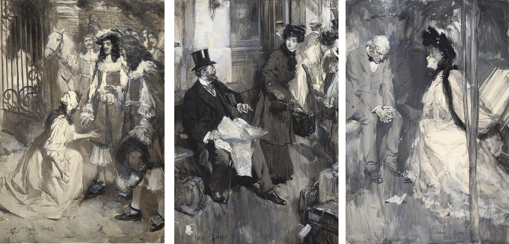 Cyrus Cincinatto Cuneo, R.O.I. - A collection of illustrations, including book illustrations for \'Princess Priscilla\'s Fortnight\' by Elizabeth von Arnim, \'Lady Molly of Scotland Yard\' by Baroness Orczy, \'The Raffles Relics\', by Mary Reed