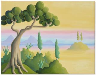 Daisy Dodd-Noble - Yellow Landscape with Cypress Trees on an Island