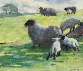 Dame Laura Knight, D.B.E., R.A., R.W.S. - Sheep and lambs in a field (recto) and study of a goat (verso)