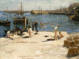 Dame Laura Knight, R.A., R.W.S. - Boys bathing, Newlyn Quay