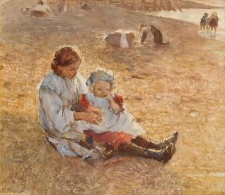 Dame Laura Knight, R.A., R.W.S. - Children on a Beach, Sennen, Cornwall