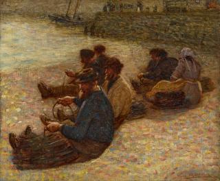 Dame Laura Knight, R.A., R.W.S. - Fisherfolk baiting lines on the cobbles, Staithes