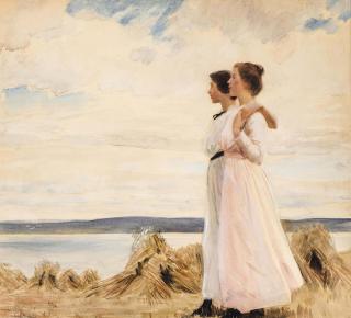 Dame Laura Knight, R.A., R.W.S. - Two young girls walking on the coast