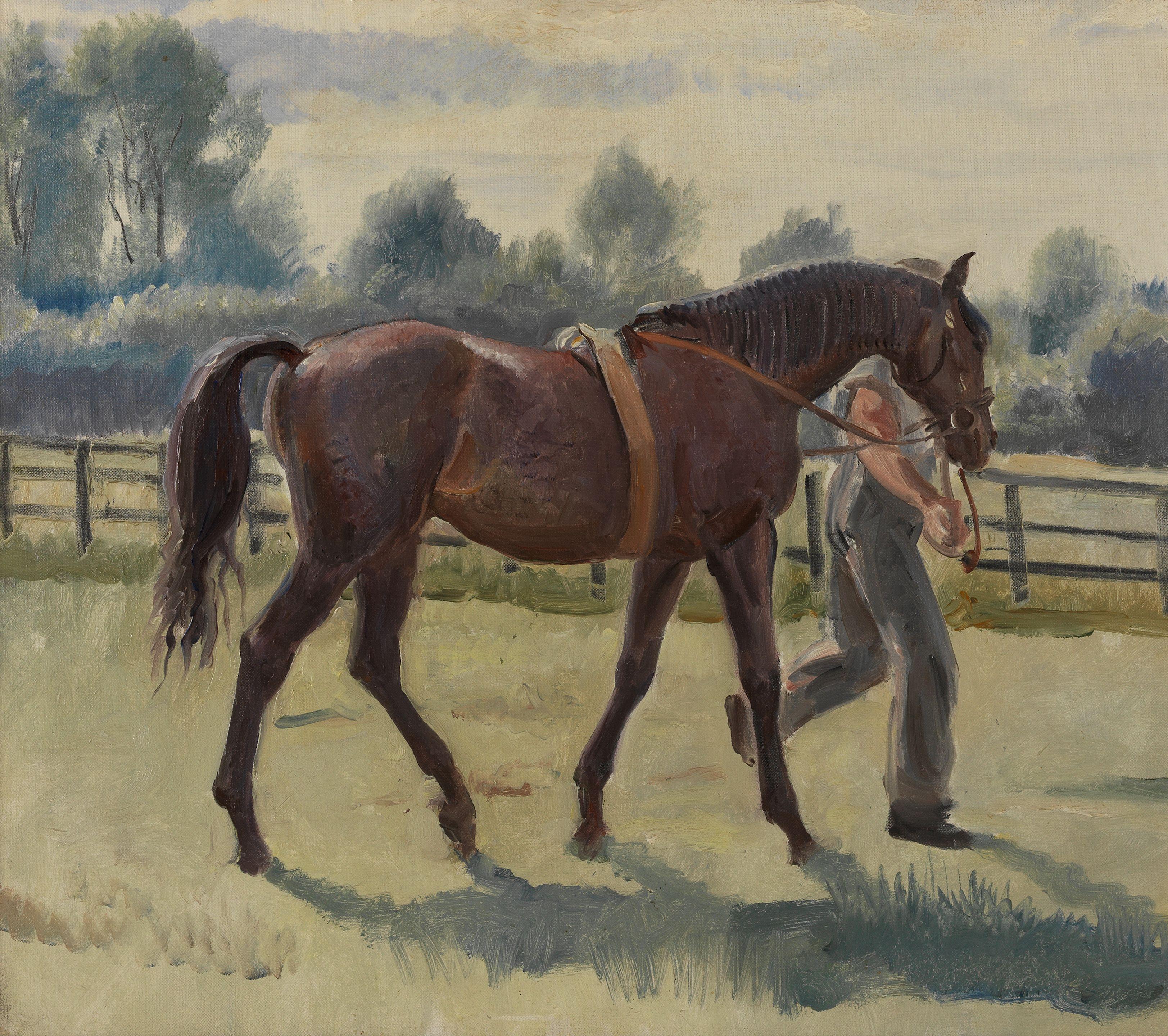 Dame Laura Knight, RA, RWS - A study of Pay Up and his groom, 1936