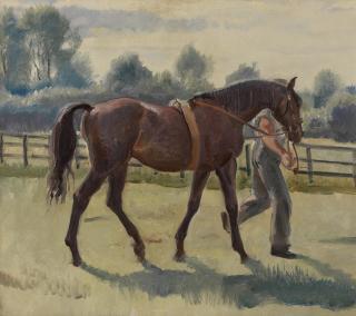 Dame Laura Knight, RA, RWS - A study of Pay Up and his groom, 1936