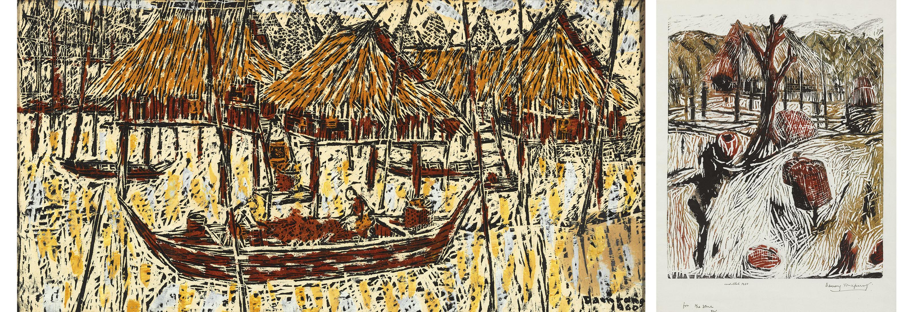 Damrong Wong-Uparaj - Figures in Thailand Countryside; & River Boat in Thailand Passing Huts on Stilts