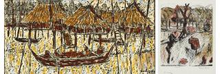Damrong Wong-Uparaj - Figures in Thailand Countryside; & River Boat in Thailand Passing Huts on Stilts