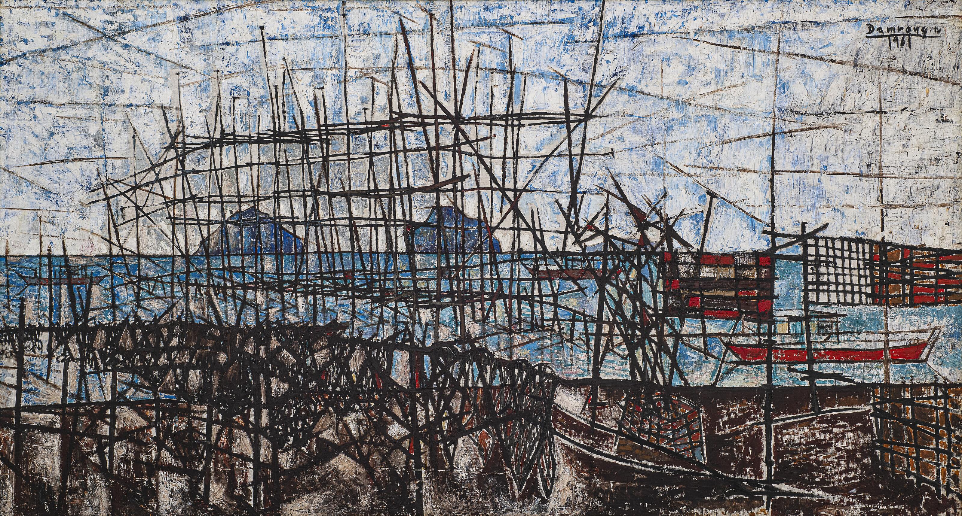 Damrong Wong-Uparaj - Shore Scene with Boats, Rocks and Scaffold-Like Poles