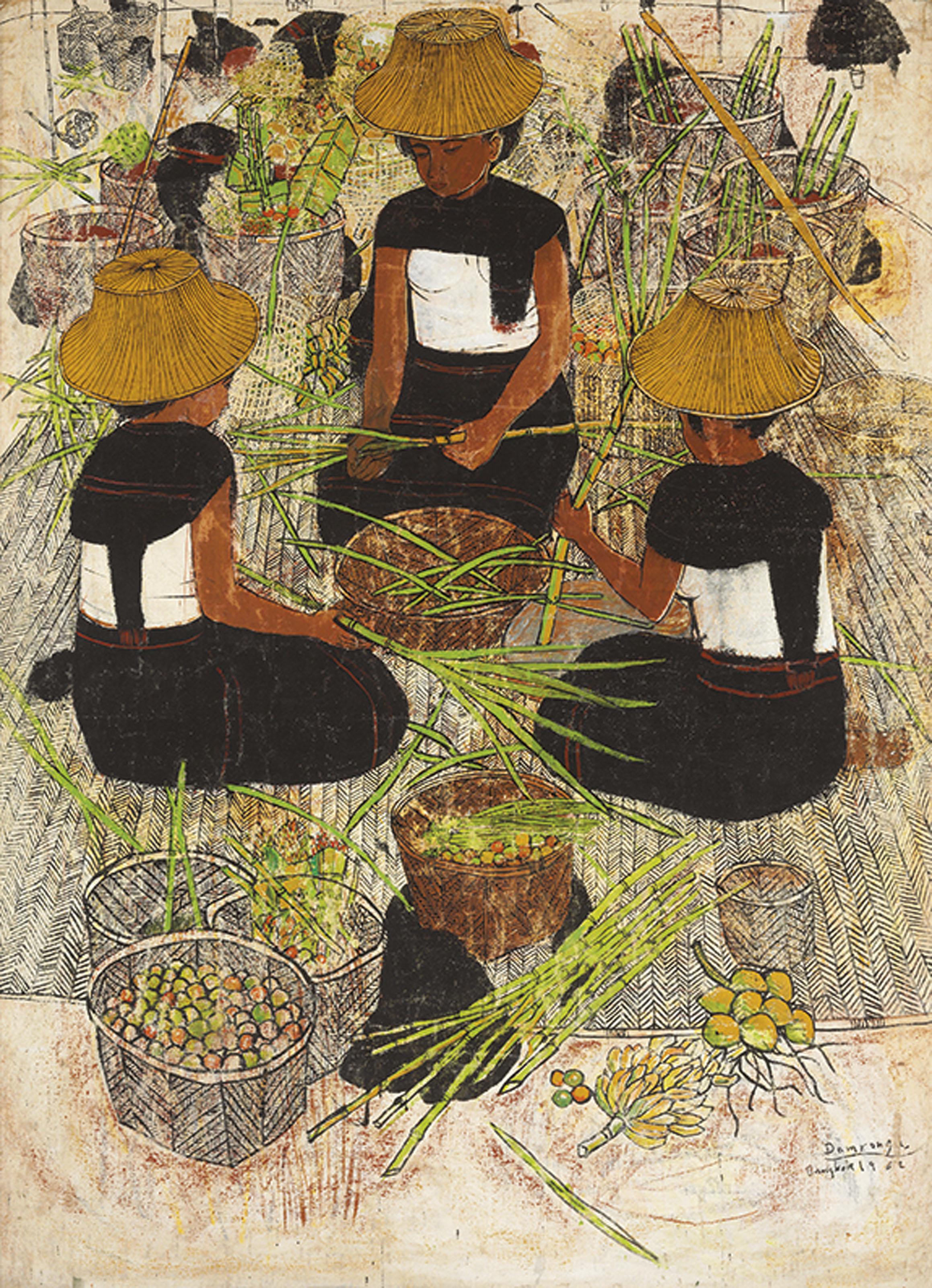 Damrong Wong-Uparaj - Three Thai Women Weaving Fronds into Baskets