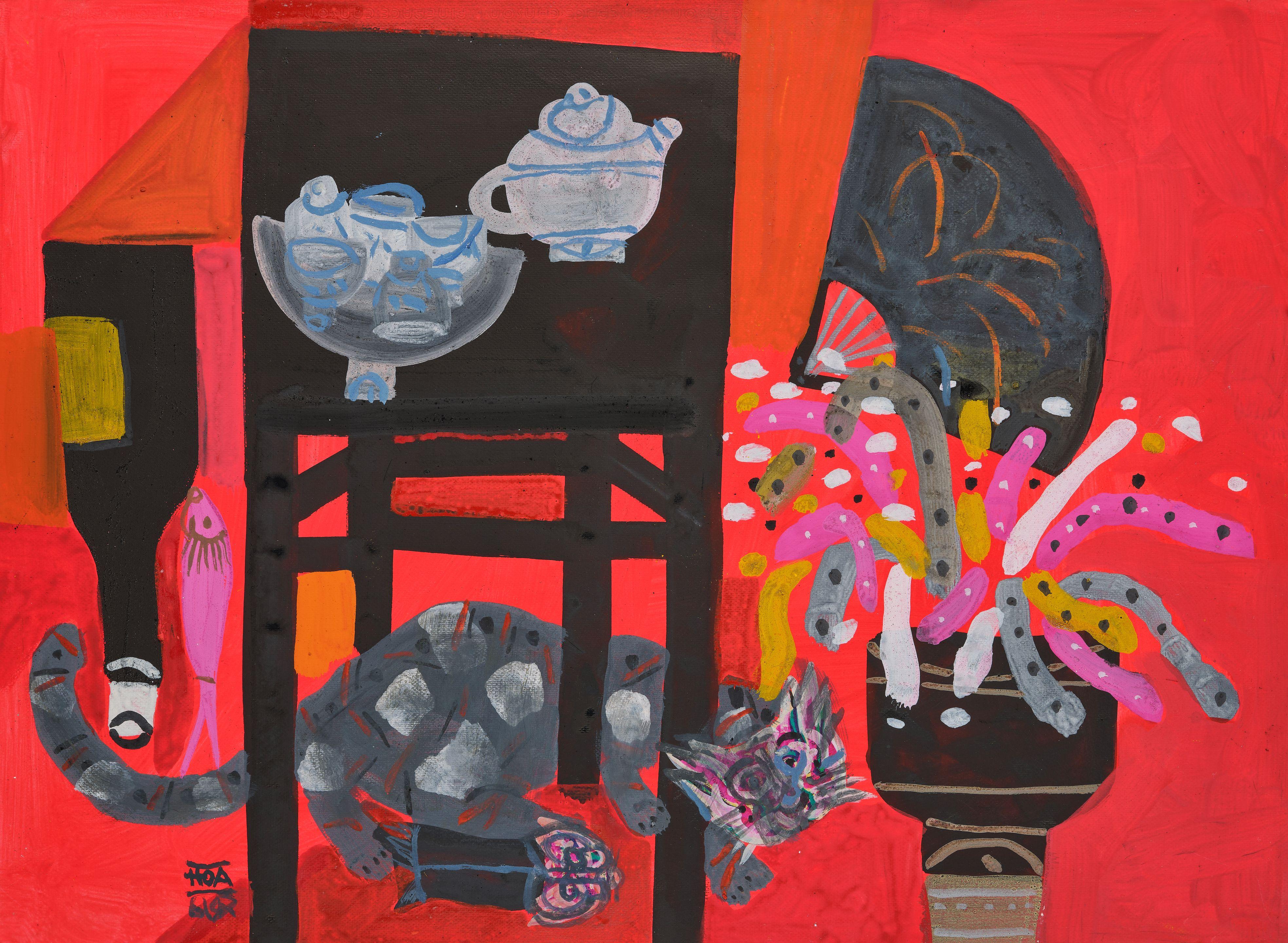 Dang Xuan Hoa - Still Life With A Cat Under The Table