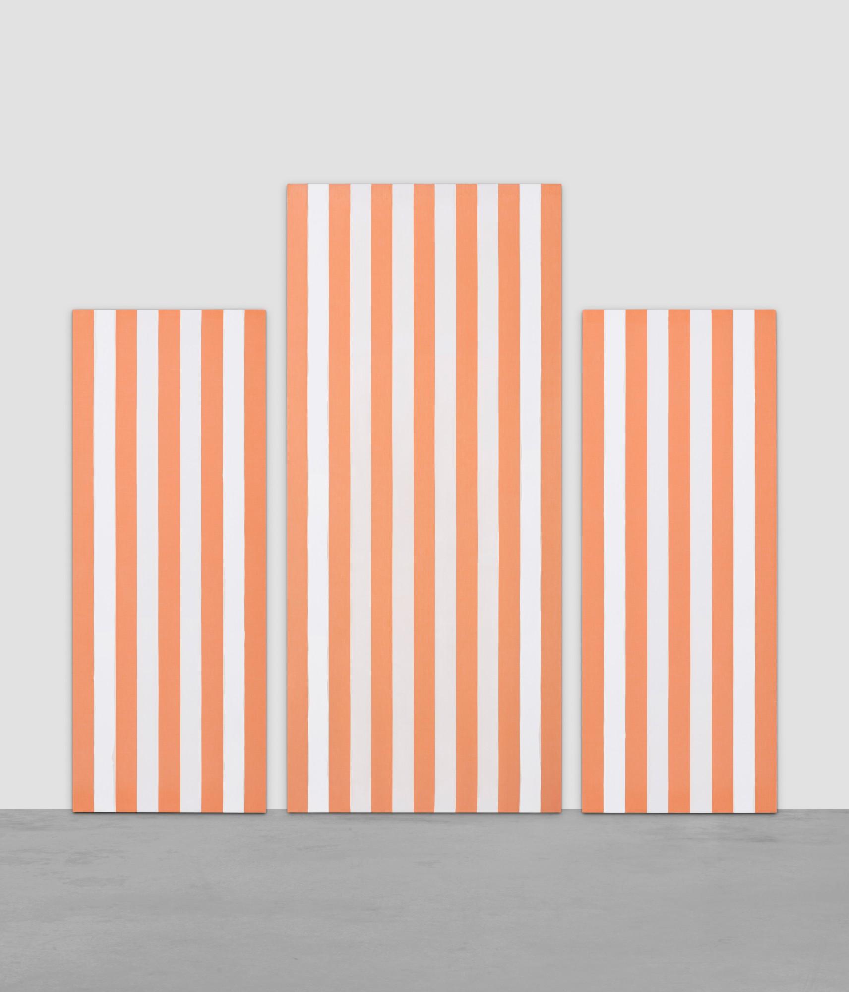 Daniel Buren - Peinture acrylique recto-verso sur tissu rayé blanc et orange, Anvers