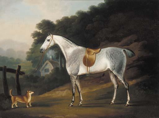 Daniel Clowes - A grey hunter with a dog in a wooded landscape, a cottage beyond