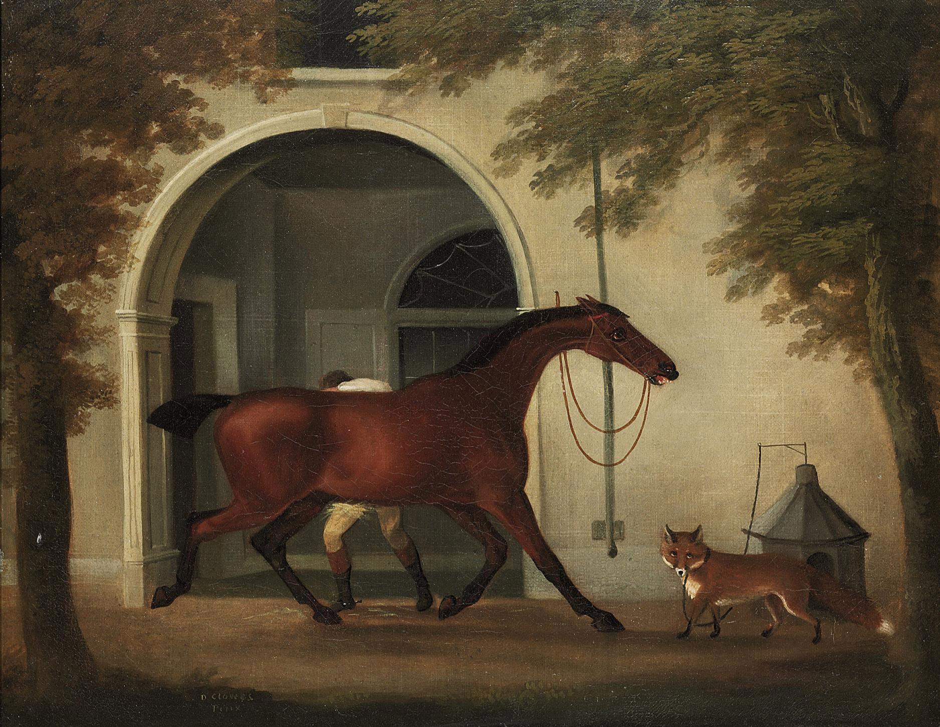 Daniel Clowes - A groom rubbing down a hunter outside a stable, with a fox nearby