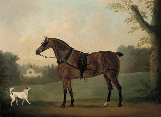 Daniel Clowes - A liver chestnut carriage horse and a terrier in a park, a stable beyond