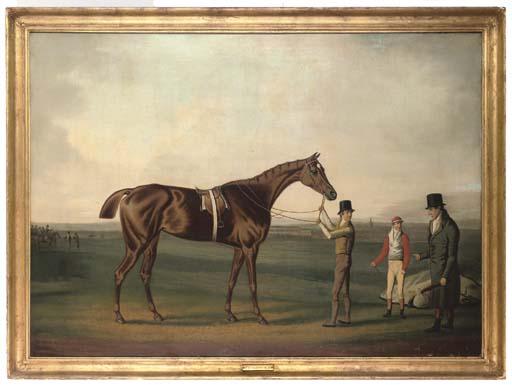 Daniel Clowes - A Racehorse In An Extensive Landscape, With A Jockey, Groom And Trainer, A Racecourse Beyond