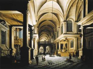 Daniel De Blieck - A church interior by candlelight with figures conversing