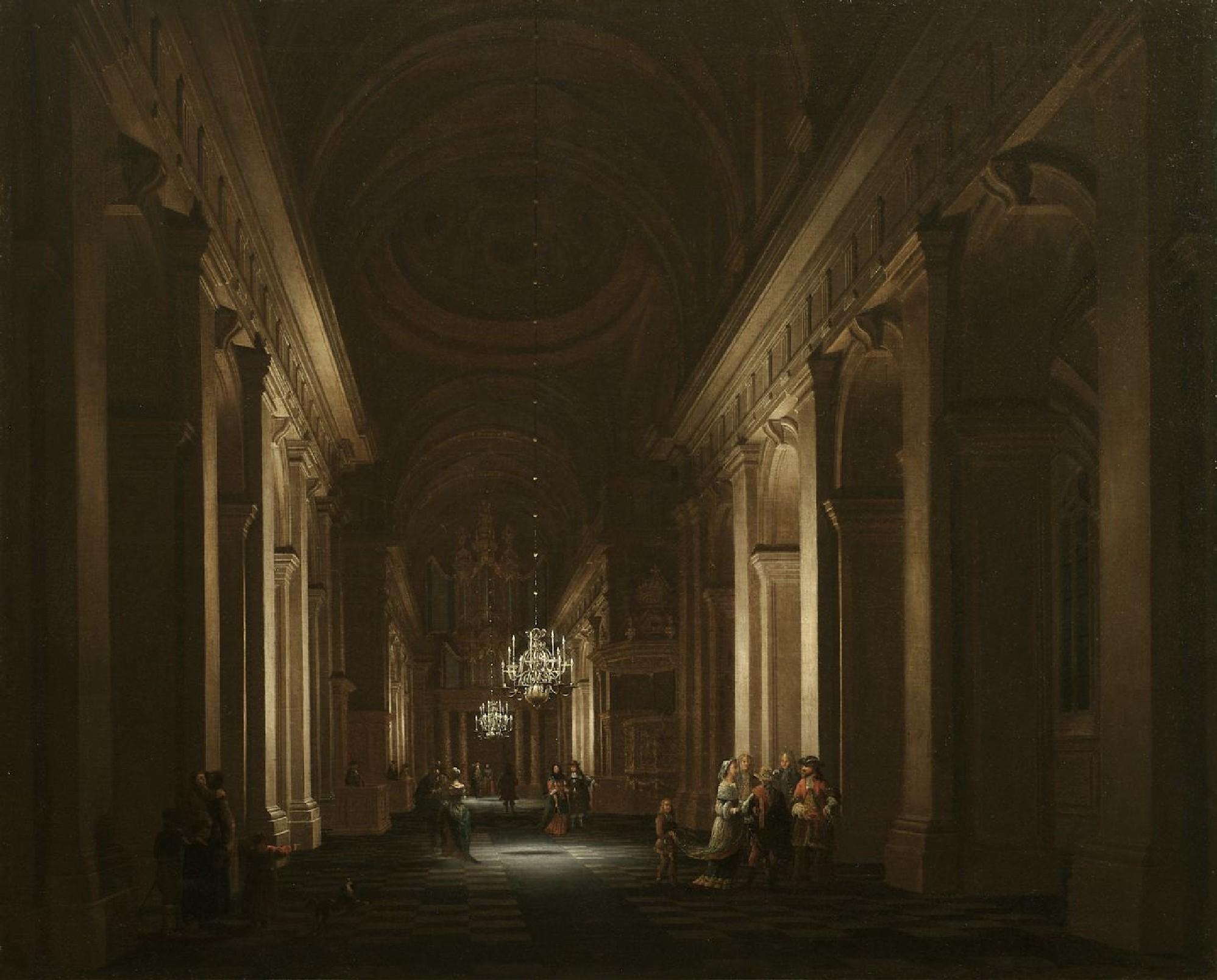 Daniel De Blieck - A classical church interior with elegant figures conversing by candlelight