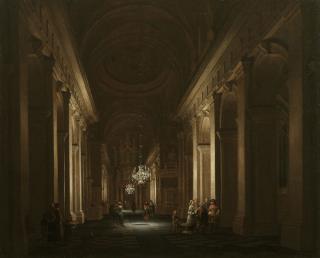 Daniel De Blieck - A classical church interior with elegant figures conversing by candlelight