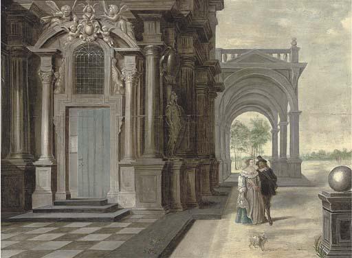 Daniel de Blieck - A courting couple outside a building, an arcade and a garden beyond