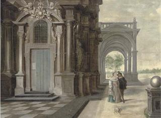 Daniel de Blieck - A courting couple outside a building, an arcade and a garden beyond
