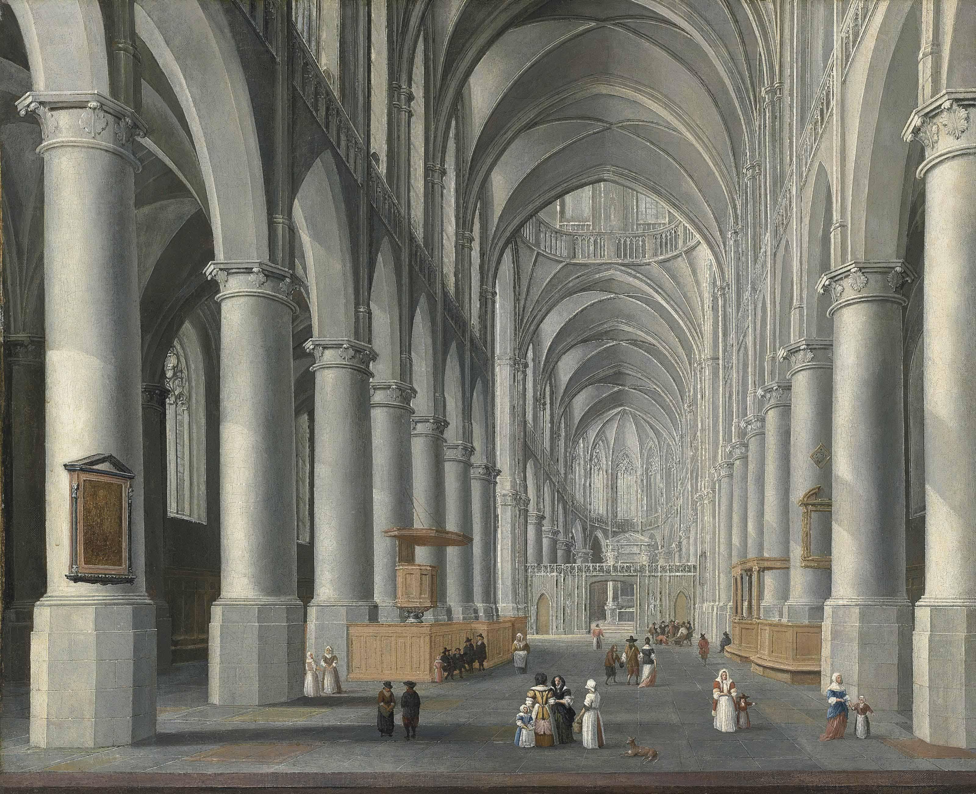 Daniel De Blieck - Interior Of A Protestant Church With Figures And A Dog
