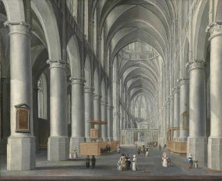 Daniel De Blieck - Interior Of A Protestant Church With Figures And A Dog