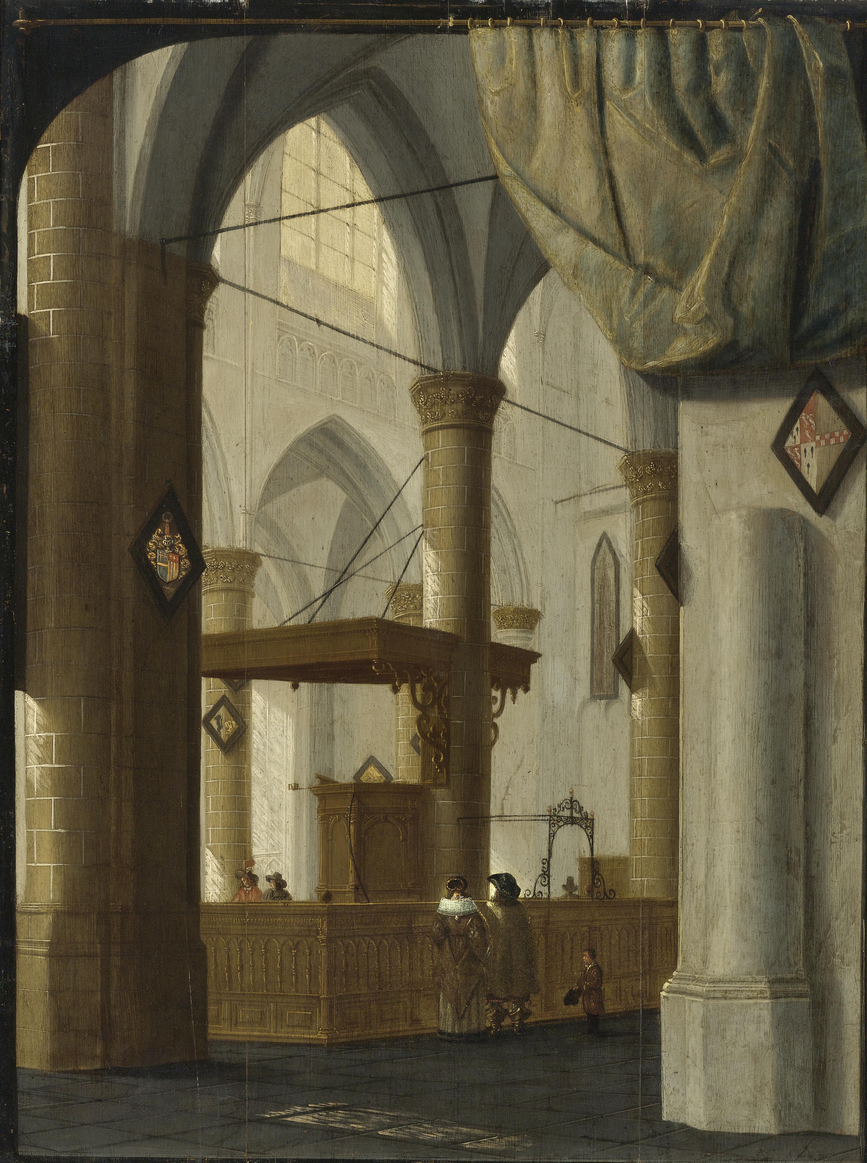 Daniel De Blieck - Interior Of The Grote Kerk, Dordrecht With An Elegant Couple, A Trompe-L\'Oeil Curtain Above, Set Against A Feigned Black Frame