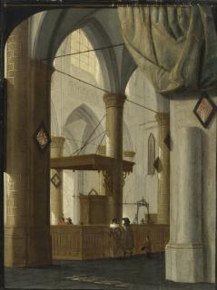 Daniel De Blieck - Interior Of The Grote Kerk, Dordrecht With An Elegant Couple, A Trompe-L\'Oeil Curtain Above, Set Against A Feigned Black Frame