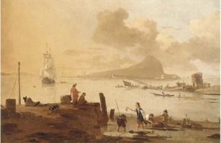 Daniel De Bondt - A Mediterranean coastal inlet with crab catchers and other figures in the foreground