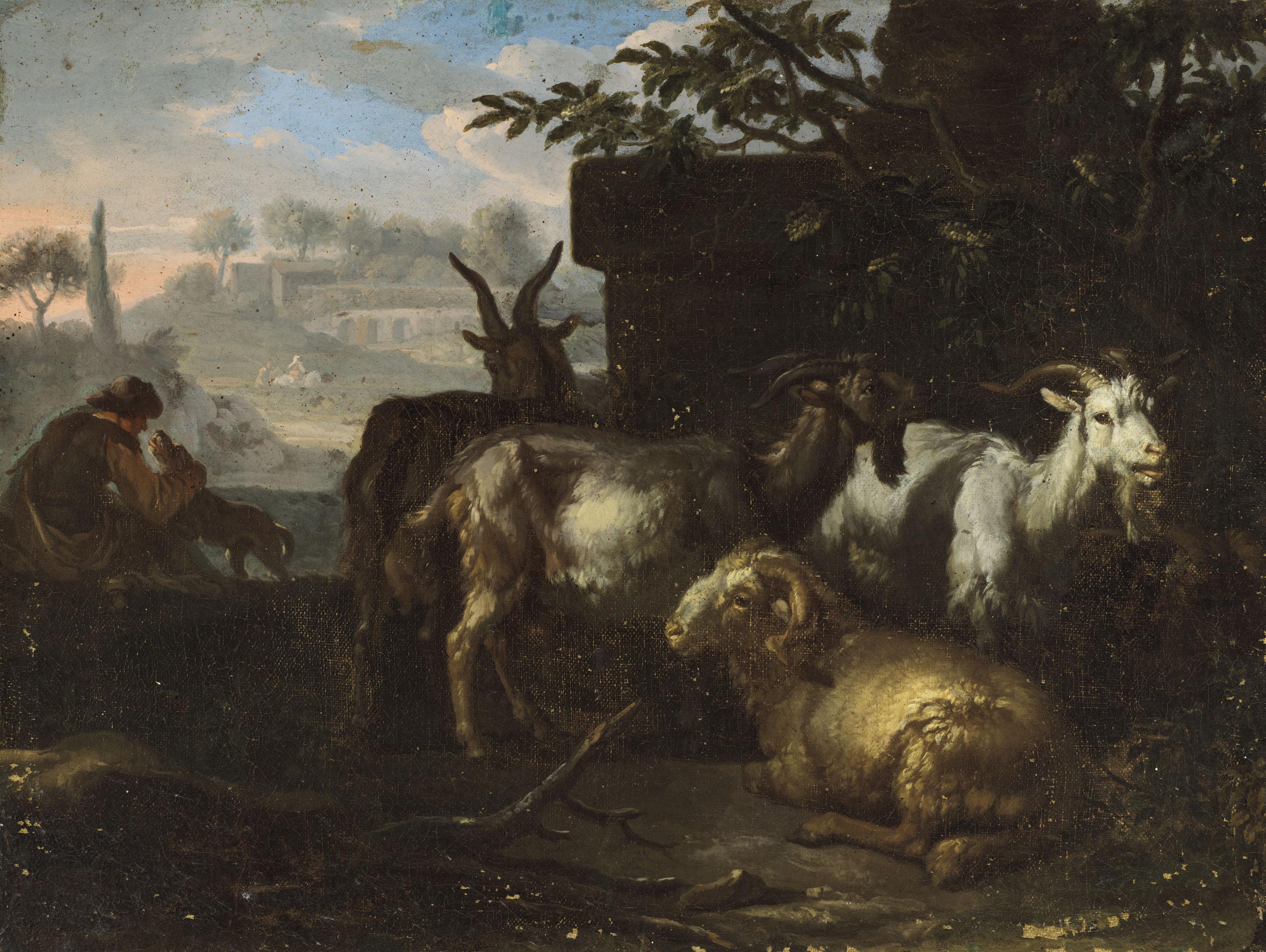Daniël De Bondt - An Italianate landscape with three goats, a ram, a shepherd and a dog