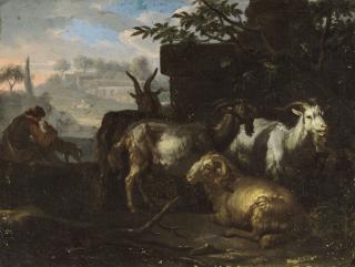 Daniël De Bondt - An Italianate landscape with three goats, a ram, a shepherd and a dog