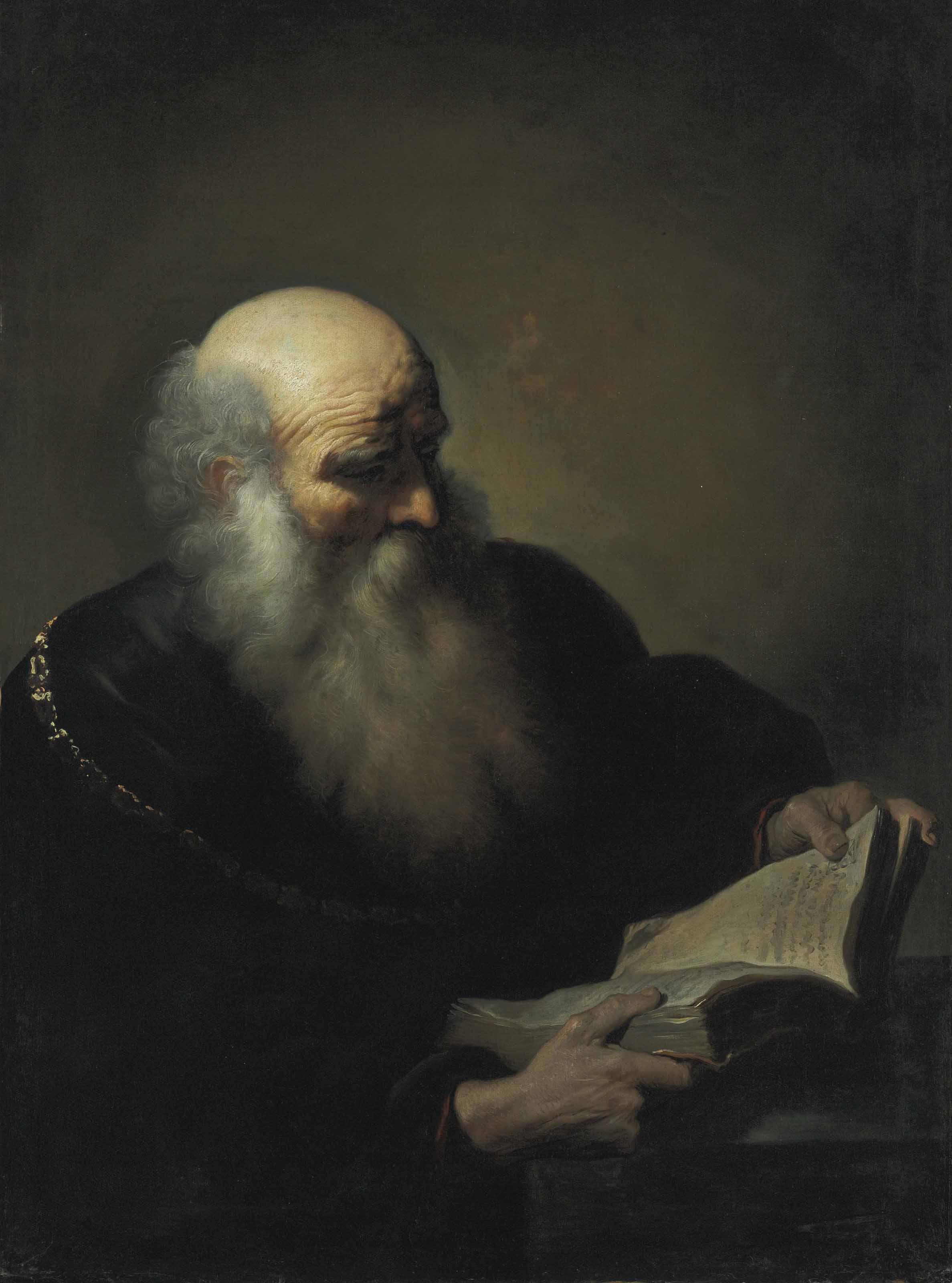 Daniël De Koninck - A bearded old man reading, wearing a brown coat and a golden chain, half-length