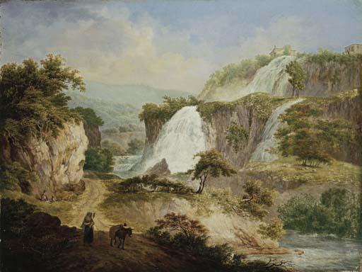 Daniel Dupré - A mountainous Italianate landscape with a peasant woman carrying her child on a road, a traveller resting beyond