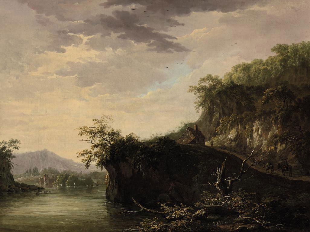 Daniël Dupré - A mountainous river landscape with figures on a track
