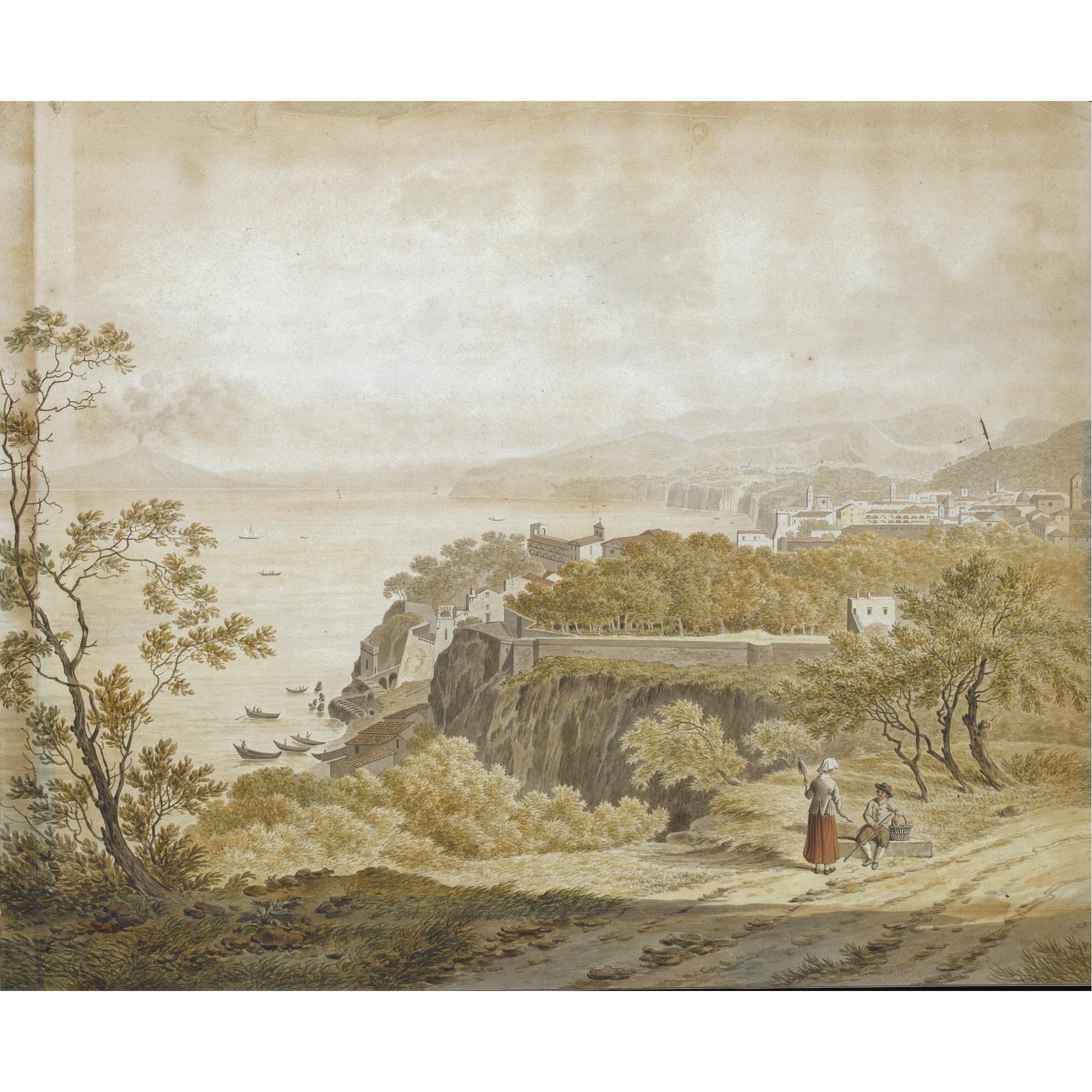 Daniël Dupré - A View Of Sorrento, With Vesuvius Across The Bay And Two Travellers Resting In The Foreground