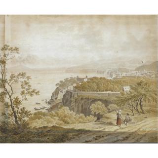 Daniël Dupré - A View Of Sorrento, With Vesuvius Across The Bay And Two Travellers Resting In The Foreground