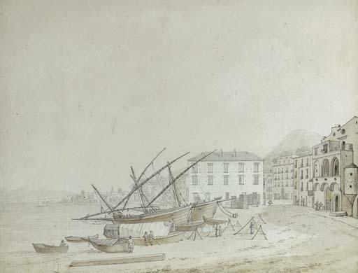 Daniel Dupré - Fishing vessels moored on a beach in a Mediterranean town