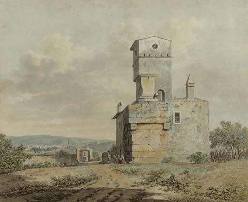 Daniel Dupré - Muleteers resting by a ruined tower in an Italianate landscape