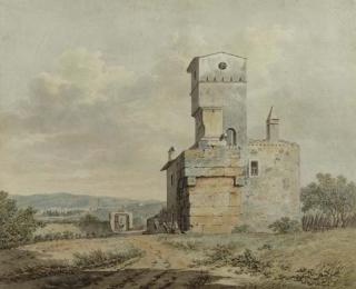 Daniel Dupré - Muleteers resting by a ruined tower in an Italianate landscape