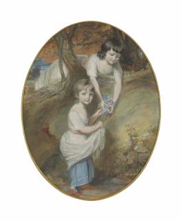 Daniel Gardner, A.R.A. - Double Portrait Of Two Young Girls, Traditionally Identified As Harriet Fortescue And Her Sister April, Gathering Flowers