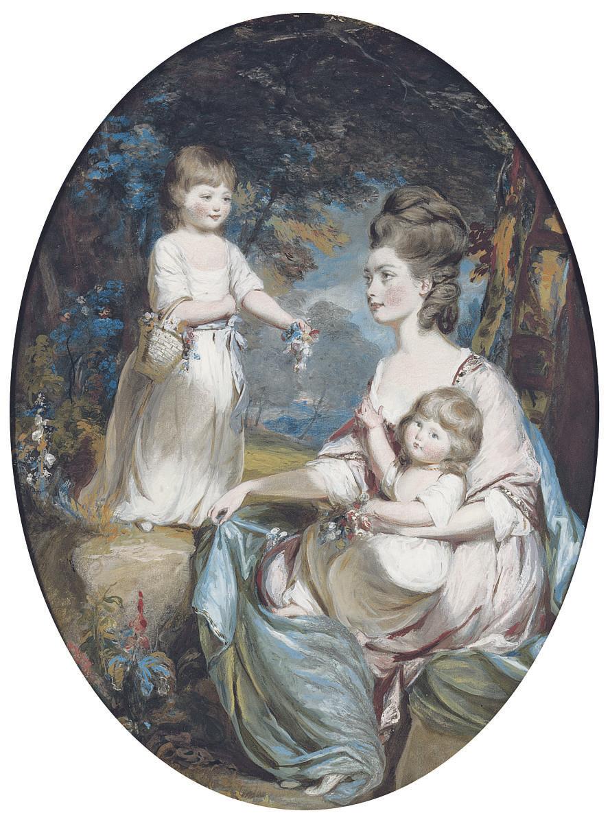 Daniel Gardner, A.R.A. - Group portrait of Emma, Countess of Tankerville (1752-1836), and her daughters Caroline (1772-1818) and Anna (1774-1836), small full length-length, in a wooded landscape