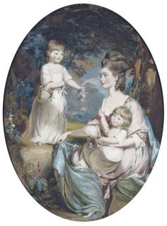 Daniel Gardner, A.R.A. - Group portrait of Emma, Countess of Tankerville (1752-1836), and her daughters Caroline (1772-1818) and Anna (1774-1836), small full length-length, in a wooded landscape