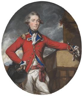 Daniel Gardner, A.R.A. - Portrait of Sir John Wrottesley Bt. (1744-1787), full-length in a red coat, leaning on a wall