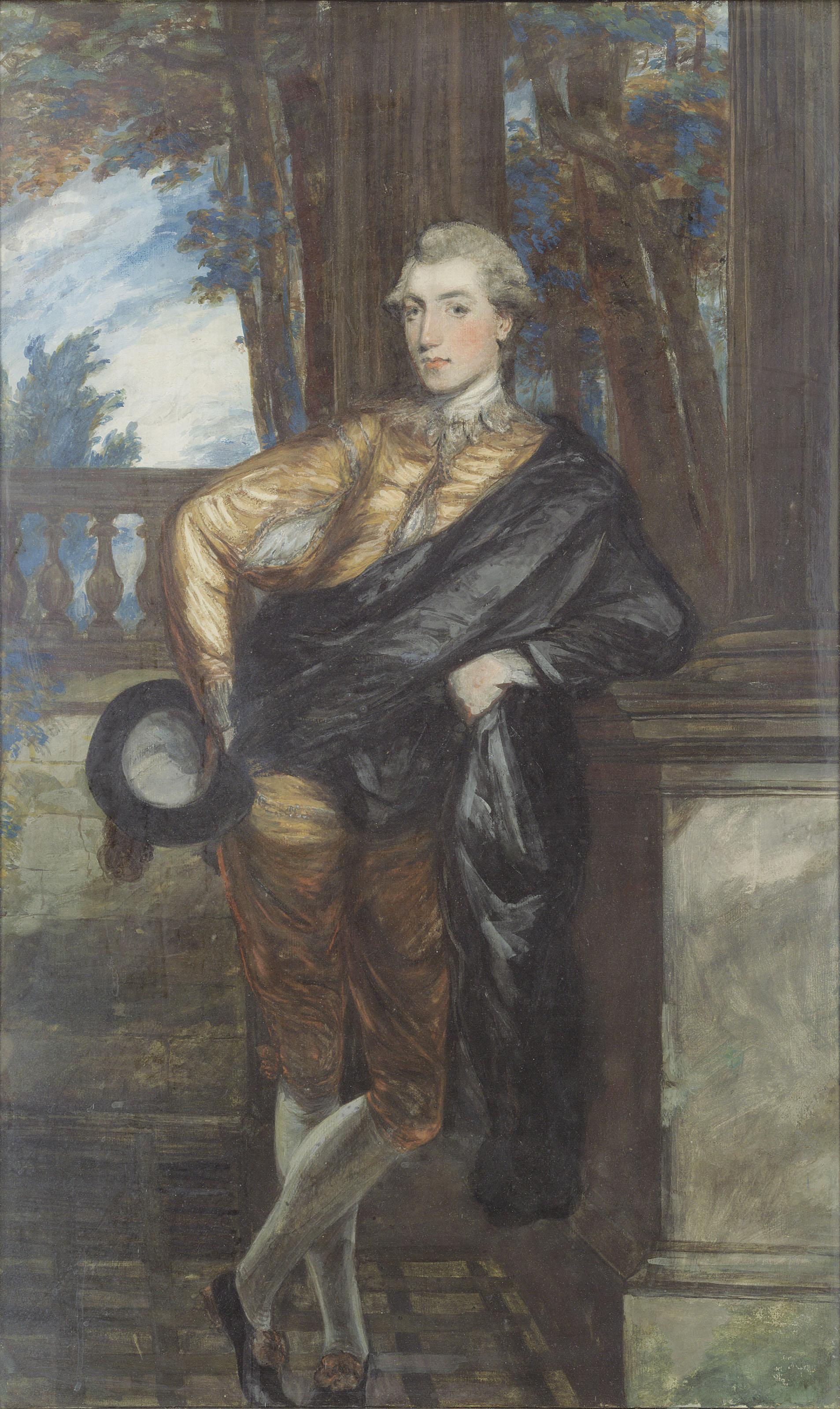 Daniel Gardner, A.R.A. - Portrait of Viscount Castlereagh, small full-length, in gold coat and black cape, standing in a wooded landscape