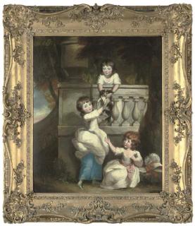 Daniel Gardner - Group Portrait of Three Children Playing At A Balcony In A Garden, With A Spaniel